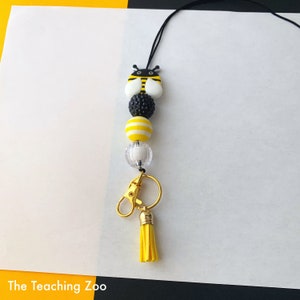 Bumble Bee Yellow Teacher Lanyard with Silicone and Acrylic Beads and Tassel for ID or Badge - Breakaway Lanyard