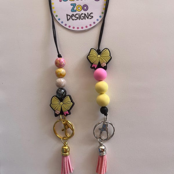 Coquette Pencil Bow Teacher Lanyard – Silicone Beads, Breakaway ID Badge