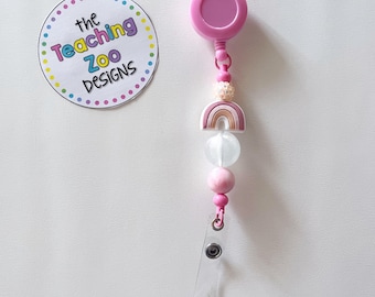 Pink Boho Rainbow Beaded Retractable Badge Reel