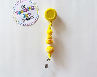 Rubber Ducky Yellow Teacher Retractable Badge ID holder with Silicone and Acrylic Beads