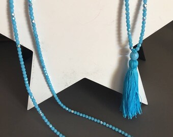 collier sautoir en perles verre "Facette de Bohème" Turquoise  et pompon assorti