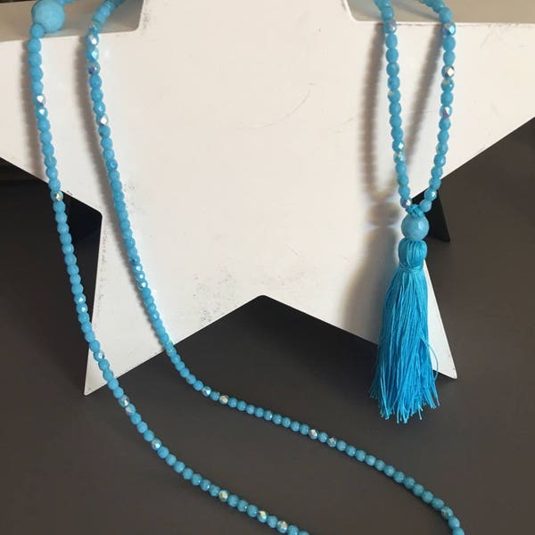 collier sautoir en perles verre "Facette de Bohème" Turquoise  et pompon assorti