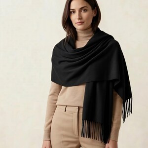 Black Wool Blend Pashmina Wrap with Fringe