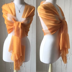 Silk Shawl, Orangey Yellow Silk Lurex Sheen Wrap Shawl Scarf, Orangey Yellow Shawl, Orange Silk Wrap, Weddings,  100% Silk Pashmina