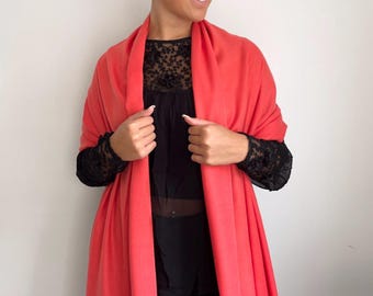 Orangey Red Pashmina Wrap, Wool Viscose Blend