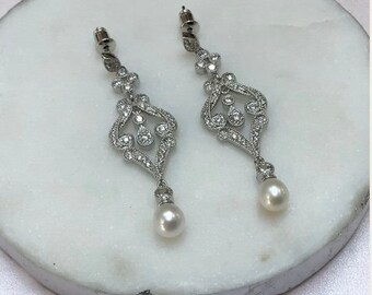 Long Bridal Earrings / Pearl Brides Earrings / Deco Style Earrings / Wedding Jewellery (703)