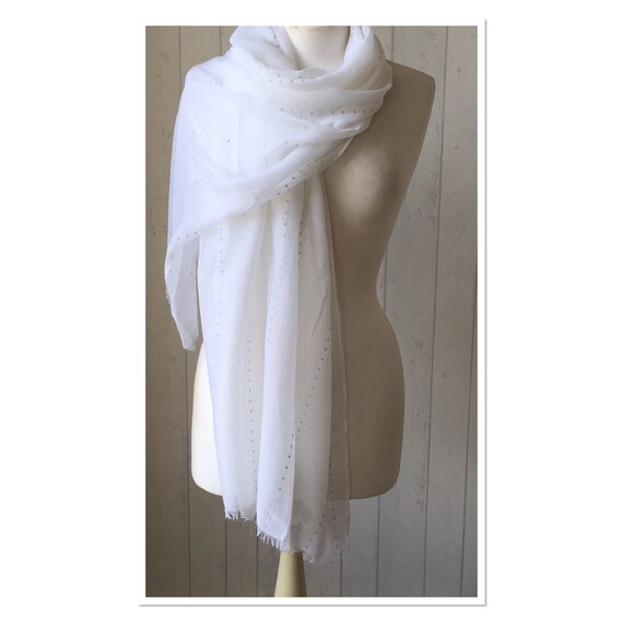 Pure White Shawl White Silver Sequins Wrap Pure White Stripe
