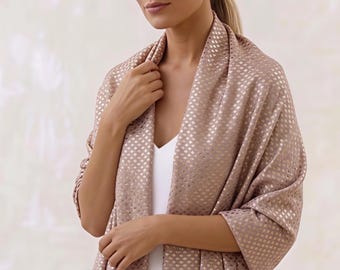 Dusky Pink Lurex Shawl, Criss Cross Gold Silver Thread, Wedding Wrap