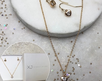 Heart Gold Earrings Necklace Set / Heart Jewellery / Wedding Jewellery / Valentine Heart Jewellery