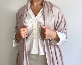 Pinky Taupe Pashmina Shawl, Silver Lurex Sheen, Extra Long Wrap