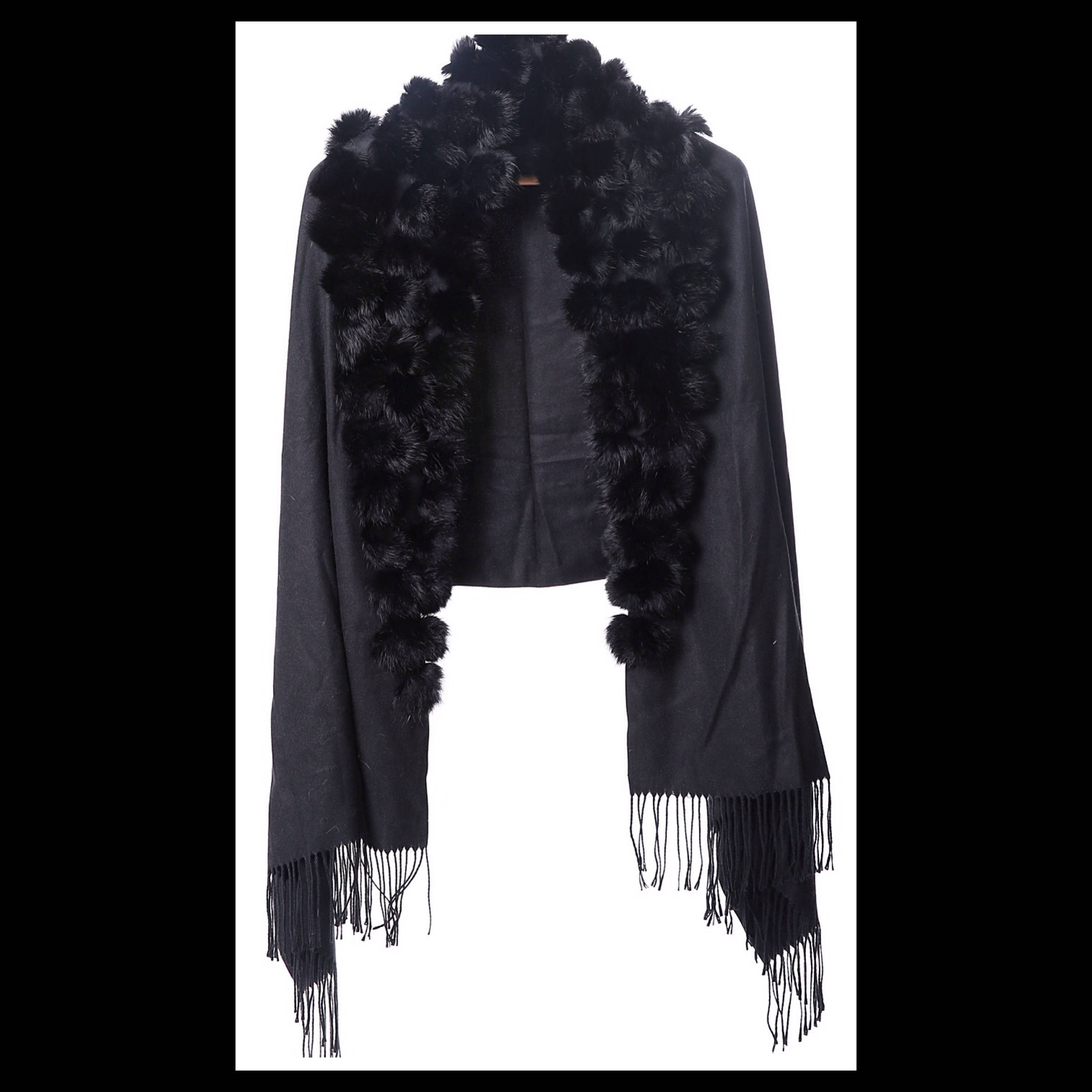Black Cashmere Blend Fur Pom Poms Wrap Cape Shawl Etsy