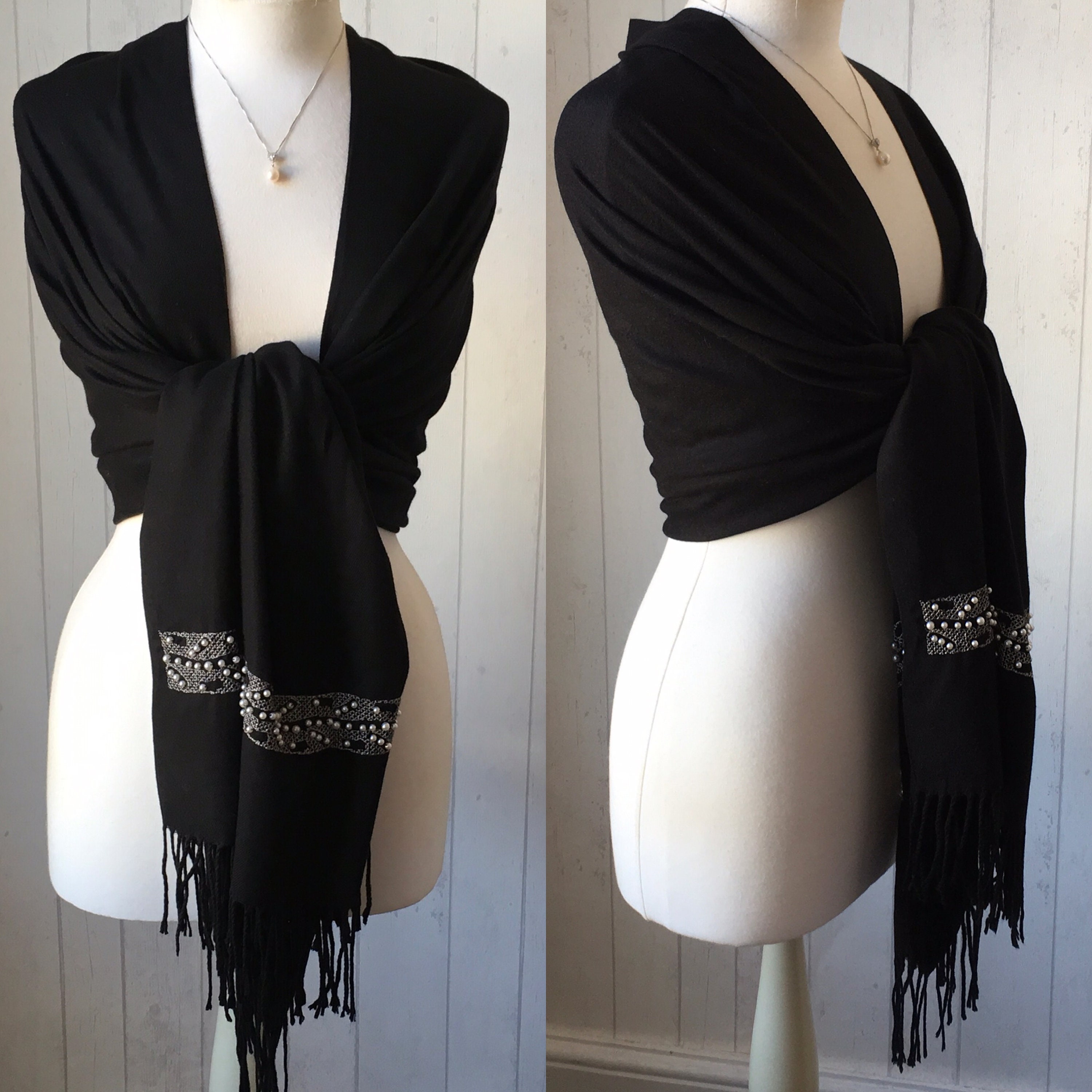 Black Pashmina Black Cashmere Blend /Black Wrap with Pearl Etsy
