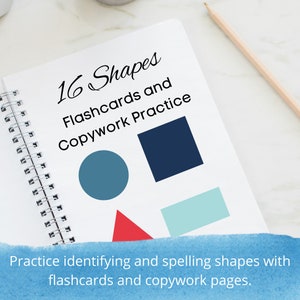 Practice identifying and spelling shapes with flashcards and lined paper
