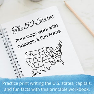 Practice print writing the U.S. states, capitals, and fun facts with this printable workbook