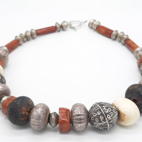 Indian Shellac Silver/Red Bauxite/Hebron Powderglas/Bone Beads from Africa/Spindle Whorls/Mali Silver/Unique TRIBAL Creation
