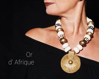 MALI Pendant/African Bronze/Mali Copper/Batik Bone beads/Striking Tribal Necklace/Powerful/Gold from Mali/Unique TRIBAL Creation