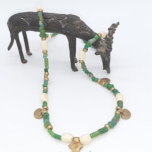 Antique Necklace/Green Nila Beads/Excavation Finds/Jewelry with Bronze/India/Bone Beads/Unique ETHNO Jewelry