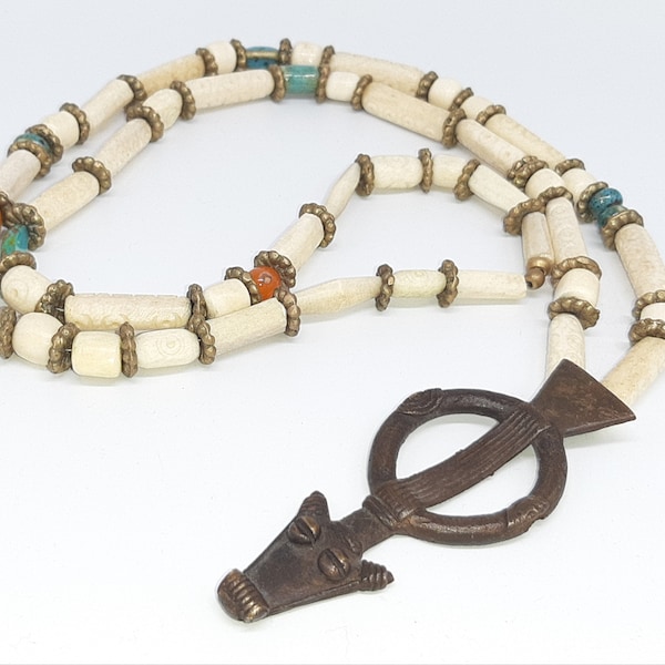 LOBI Amulett/antike Keramik aus Indien & Indonesien/Bronze aus Afrika/antike Bone Beads/auffällige lange Kette/Unikat TRIBAL Schmuck