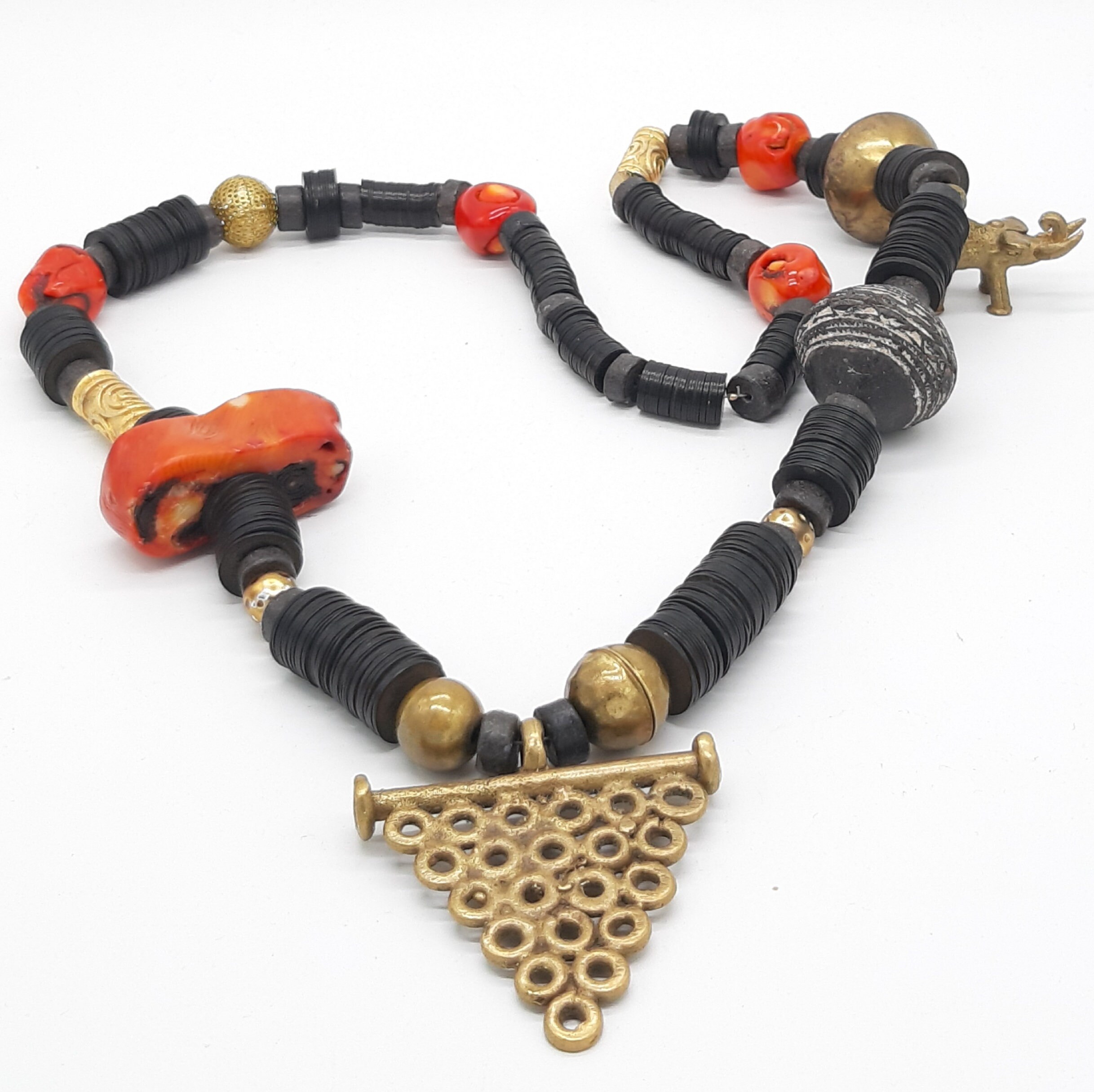 Bronze Elephant/Fossile Red Coral/Ashanti Bronze/Coconut/Africa/Unique TRIBAL Creation