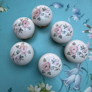 May include: Six white ceramic cabinet knobs with a floral design of pink roses and green leaves. The knobs are arranged on a light blue surface with painted floral accents. Each knob has a gold-coloured base.