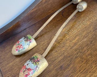 Pair 1930s Vintage Wooden Shoe Trees Stretchers Hand Painted Gold Coloured
