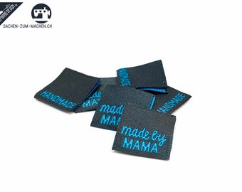 20pcs woven labels "made by MAMA - dark grey/aqua "  (sewing labels)