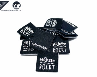 20pcs woven labels "nähen rockt - black "  (sewing labels)