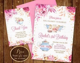 Tea Party Birthday Invitation, Tea Party Invitations, Floral Tea Party Invite, Girl Birthday Card, Alice Tea Party Birthday Party Invite