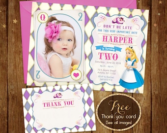 Alice in Wonderland Birthday Invitation with photo, Printable Alice Invite with picture, Girl Alice Invitation Card, Free Thank you Card