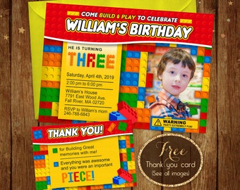 Building Blocks Birthday Invitation with Photo, Colorful Blocks Printable Invitations, Building Bricks Birthday Party, Blocks Boy Invite