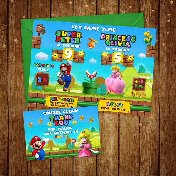 Mario & Peach Birthday Invitation, Joint Party Invitation, Mario Birthday invitation, Peach Birthday invitation, Sibling Birthday invitation