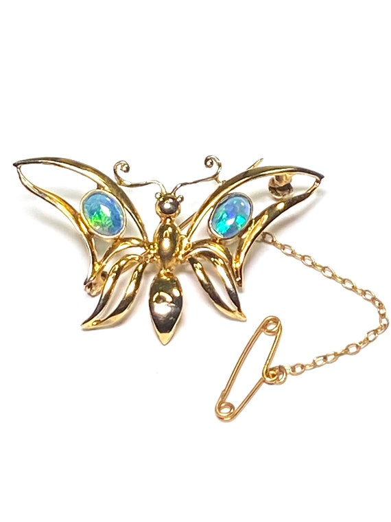 9K solid gold Art Nouveau Opal butterfly brooch w… - image 1