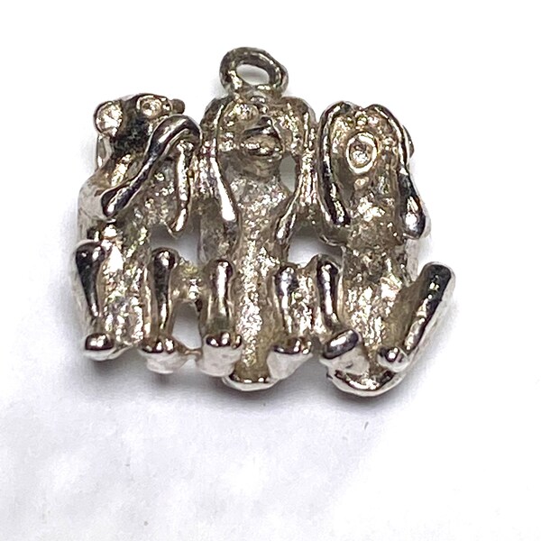 Sterling silver Hear See Do no Evil charm vintage # 7085