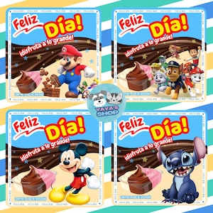 Peut inclure: Quatre cartes colorées avec des personnages de dessins animés, dont Mario, Pat' Patrouille, Mickey Mouse et Stitch. Chaque carte affiche le texte "Feliz Día!" en jaune et rouge, avec la phrase "idisfruta a lo grande!". Chaque carte présente également un dessert au chocolat.