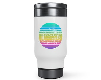 Mountain Adventure Stainless Steel Travel Mug – 14oz Insulated Coffee Cup with Handle, Spill-Proof Lid, Outdoor Hiking & Camping Gift