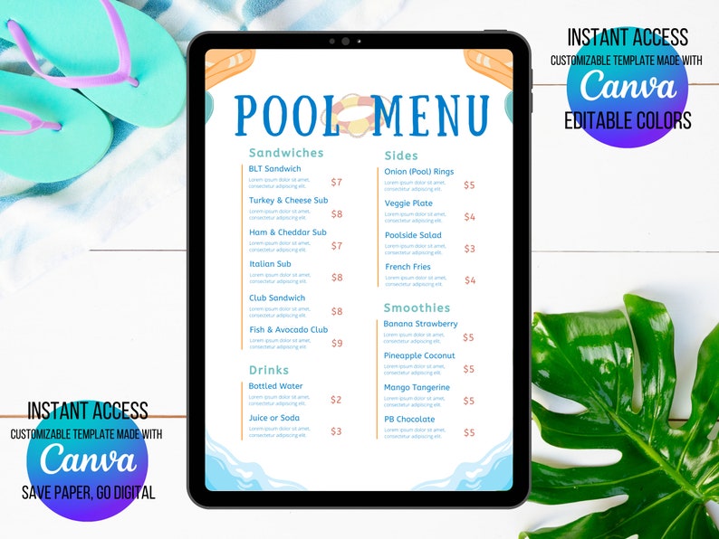 Pool Menu Template for Summer Birthday Cookout Pool Party 8.5 X 11