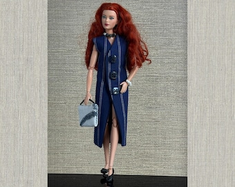 Handmade Fashion Doll Outfit Blue Wrap Dress Set w/ Bag & Jewelry – Fits Barbie 11.5” Dolls – Modern Minimalist Doll Clothes Gift
