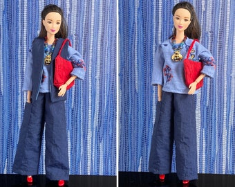 Handmade Fashion Doll navy blue lined vest, navy blue pants with pocket, blue tee, red striped purse, beaded necklace.  Fits Barbie® dolls.