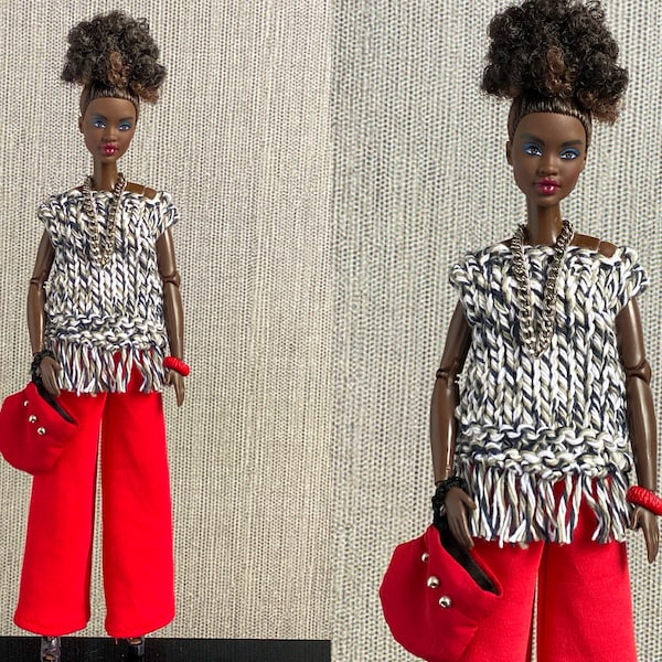 Handmade Fashion Doll beige and black hand knit top, red wide leg pants, red purse, silver chain necklace, red bracelet. Fits Barbie® dolls.