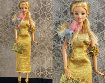 Handmade Fashion Doll  gold strapless gown, gold purse, cuff bracelet.  Fits Barbie® dolls.