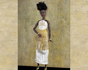 Handmade White & Gold Gown with Fringe Skirt: Barbie Doll Clothes