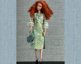 Handmade Barbie Dress Set Floral Green Midi w/ Lace Sleeves, Purse & Jewelry – Fashion Doll Clothes 11.5 Inch Doll Outfit