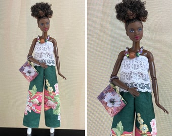 Handmade Fashion Doll dark green floral print pants, white lace sleeveless top, fabric purse, beaded necklace.  Fits Barbie® dolls.