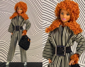 Handmade Fashion Doll beige and black striped jumpsuit, hand knit cap hat, hand knit purse, black belt. Fits Barbie® dolls.