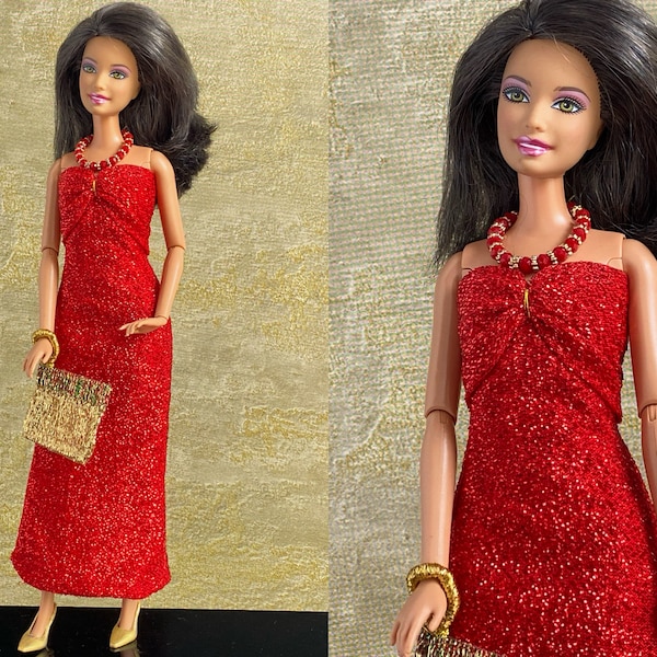 Handmade Fashion Doll red strapless gown, gold purse, red beaded necklace.  Fits Barbie® dolls.