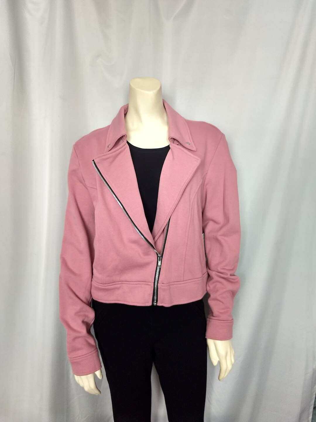 100 Cotton Crop Zippered Jacket/pink Casual Asymmetric Zipp Jacket