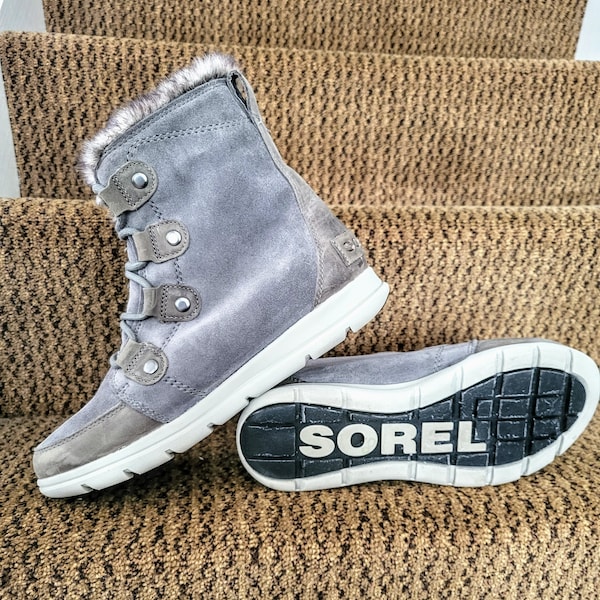 SOREL Explorer II Joan Mid-Calf Snow Women Boots/Lightweight Grey Suede and Faux Fur Lace Up Winter Boots Size 9.5/No.42