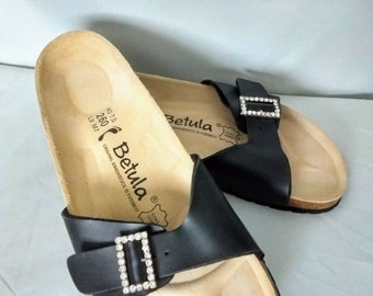 BETULA Birkenstock Natural Support Black Leather Sommer Slides Schuhe Strasssteine Schnalle Dekor Kork Plateau FuB Offene Schuhe GroBe 9M No.617 Etsy