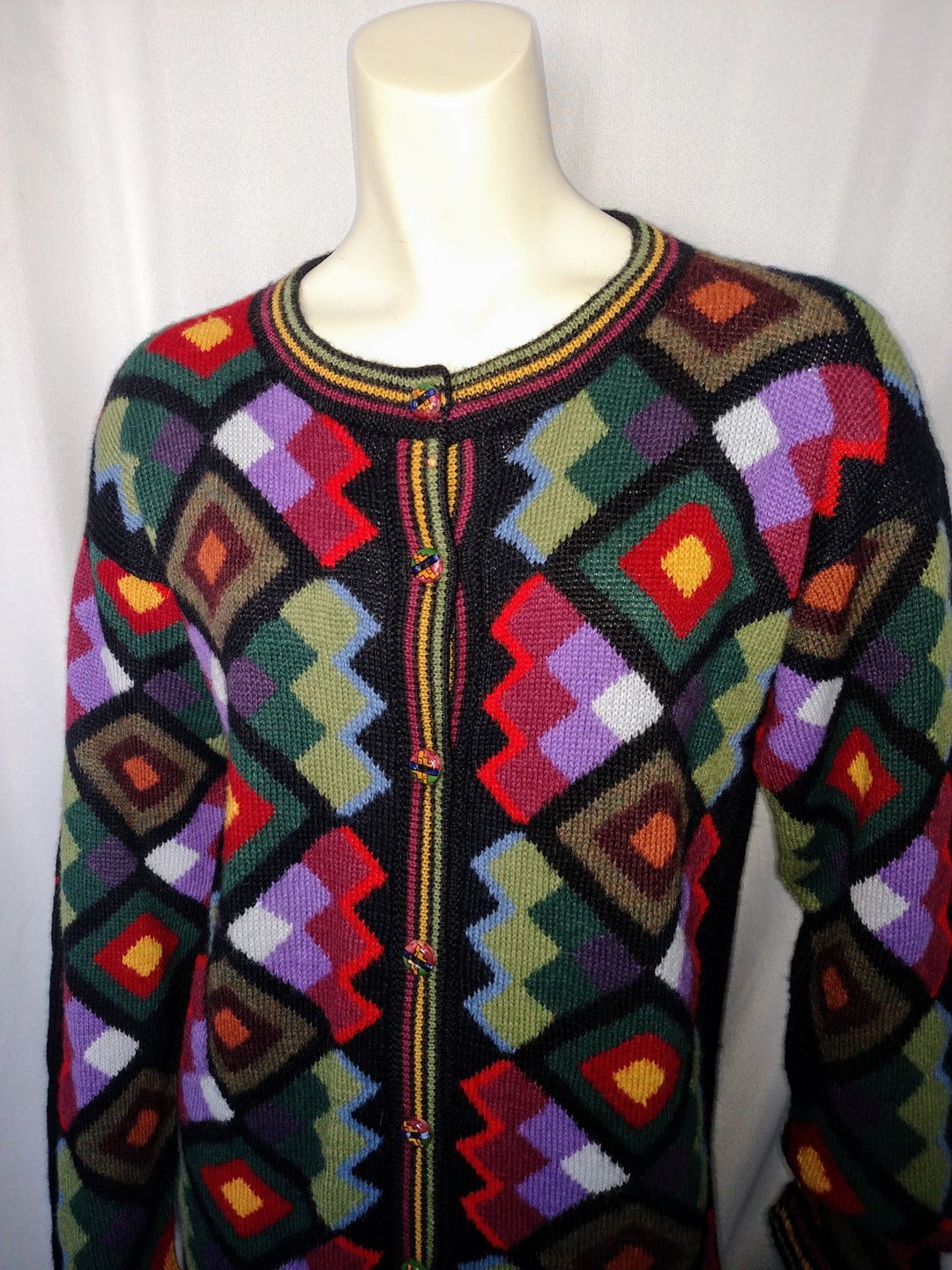 Vintage Multicolor Knit Cardigan Blazer/90,s Geometric