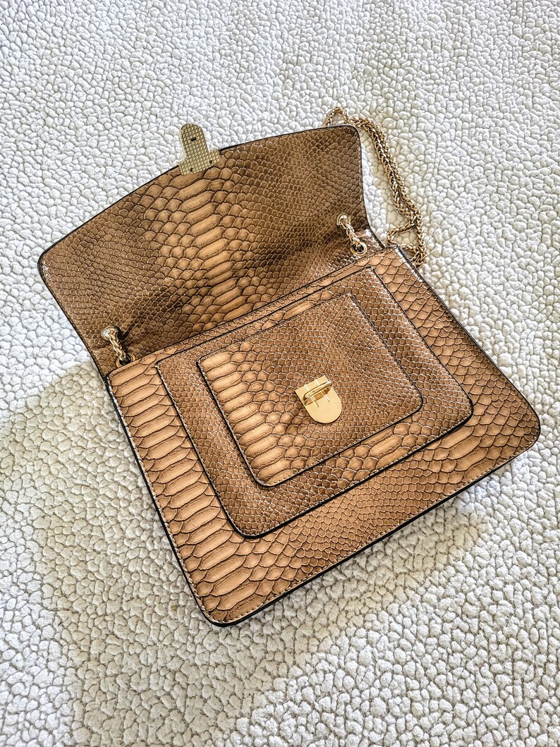 May include: A brown faux snakeskin handbag with a gold chain strap and clasp. The bag is open, revealing a smaller compartment inside. The bag is square-shaped and has a textured pattern.
